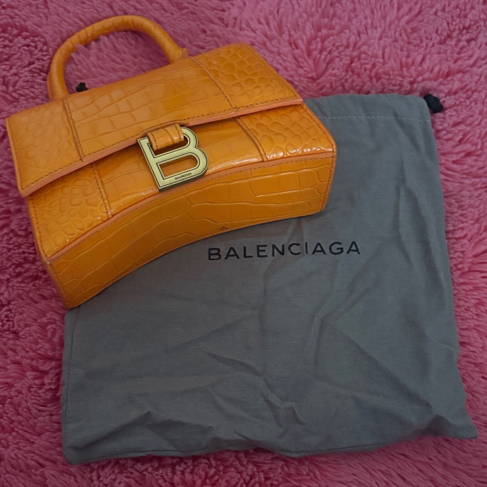 Balenciaga Orange Croc-Embossed Top Handle Satchel with Gold 'B' Hardware